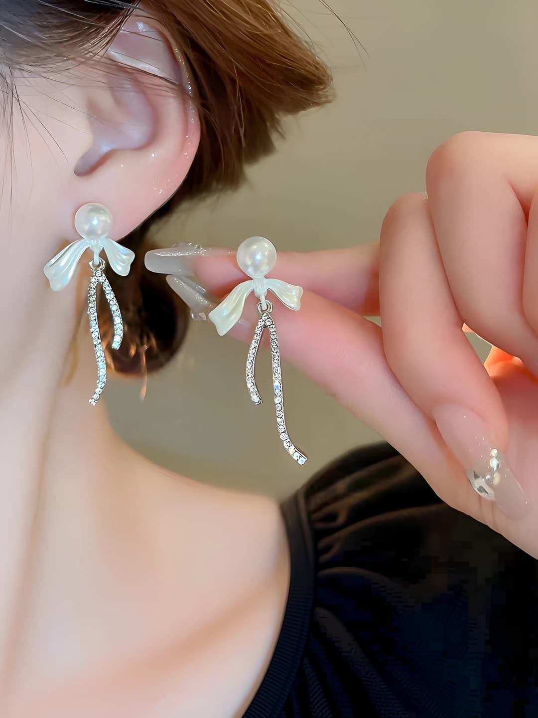 Women's silver post pearl ribbon bow summer earrings