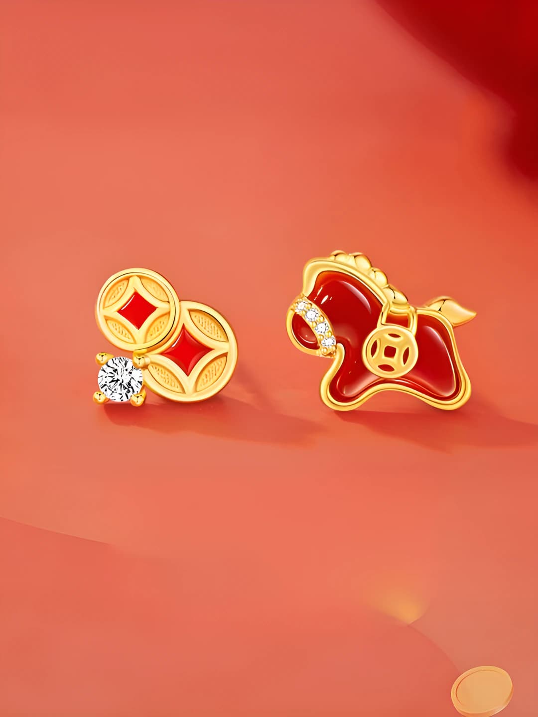 Women's 2026 New Year red horse zodiac ins style brass electroplated animal shape earrings