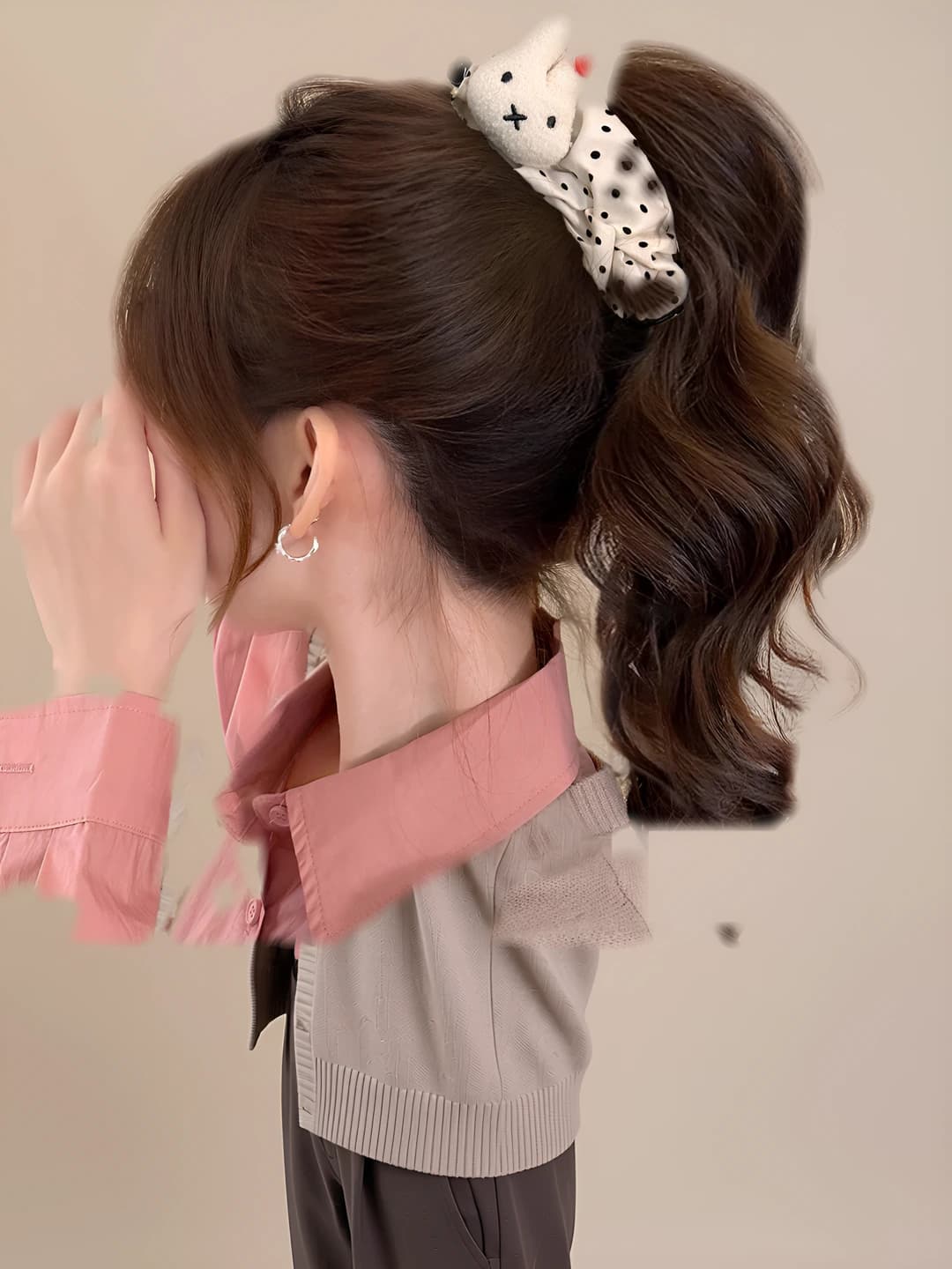 2# Large beige polka dot clip - approx. 12.5 cm