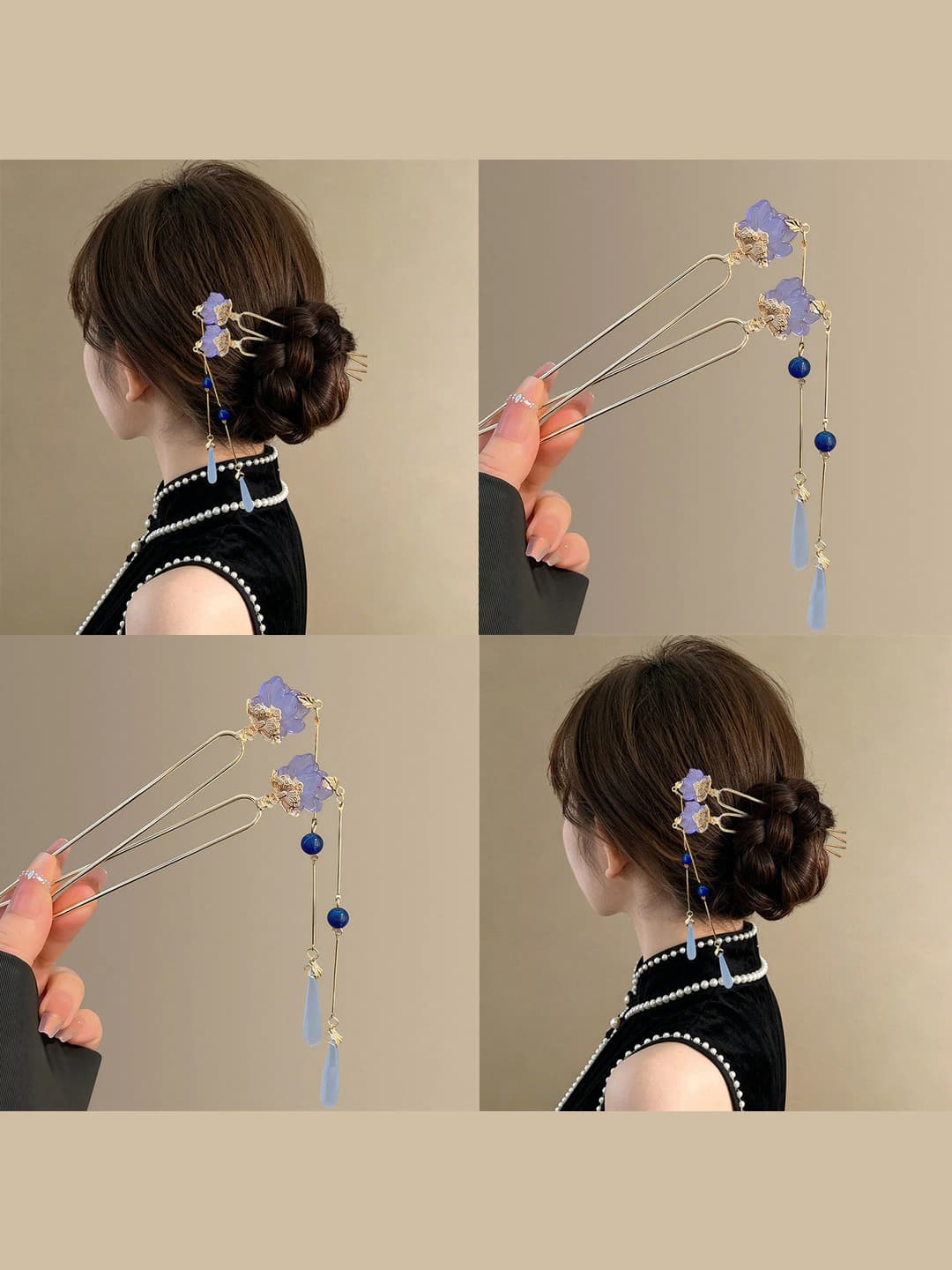 Women's hairpins and bobby pins with tassel, blue lotus, ancient style, new Chinese design element