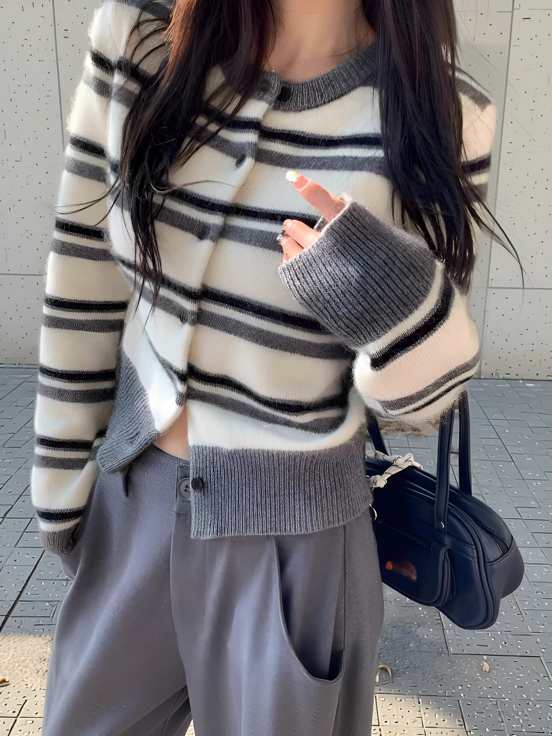 Women's autumn-winter wool knit cardigan, striped, crew neck, long sleeve, loose fit, retro style