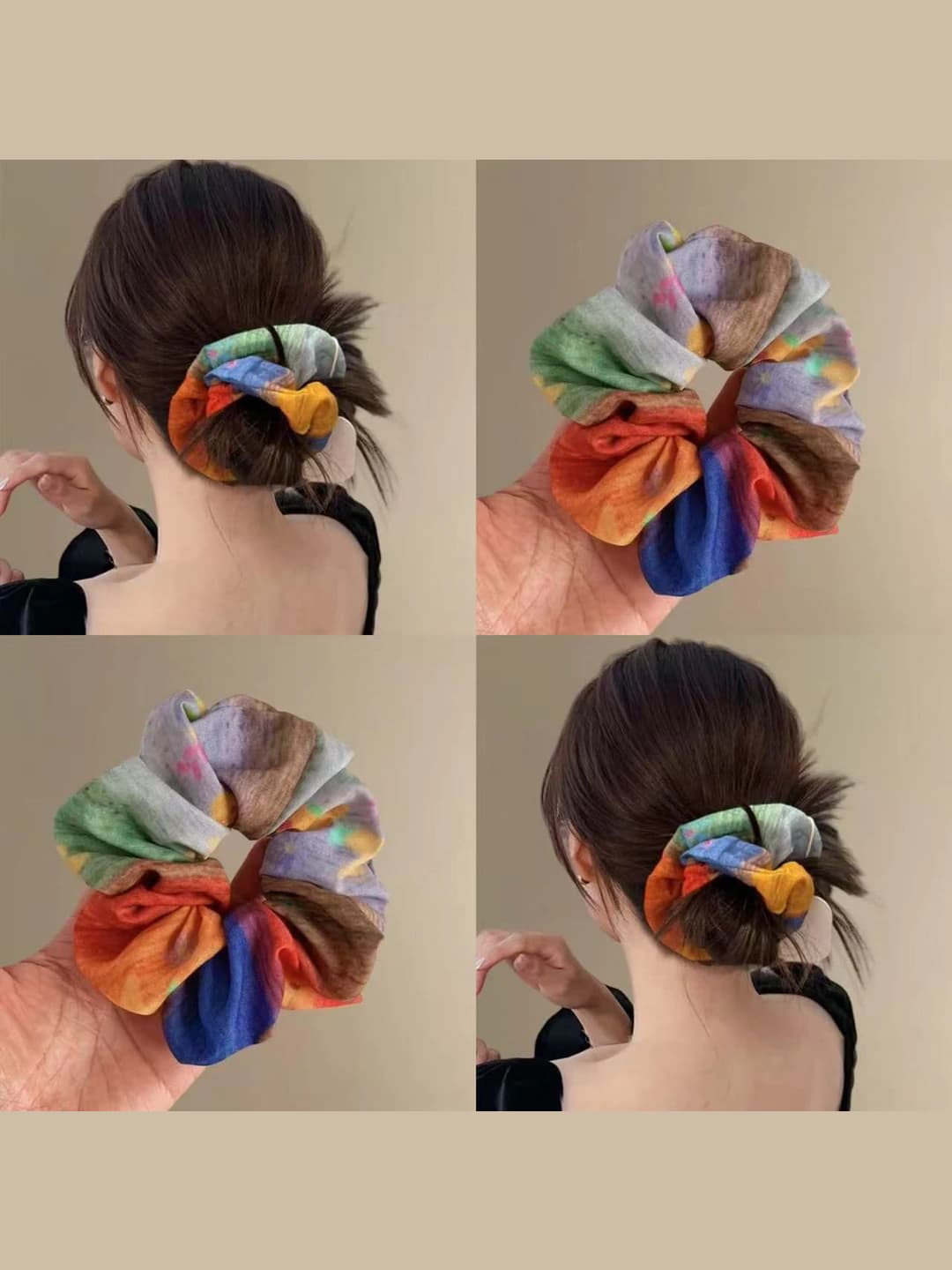 Women's retro fabric hair tie, stretch, handmade, multicolor
