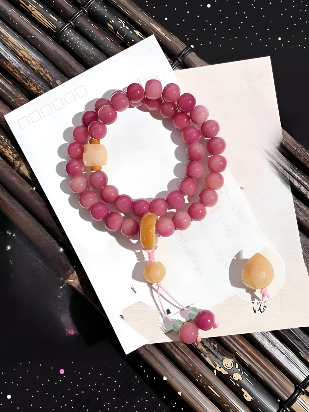 Women's beaded bracelet: plastic, pink-purple, double strand, 18 beads, woven