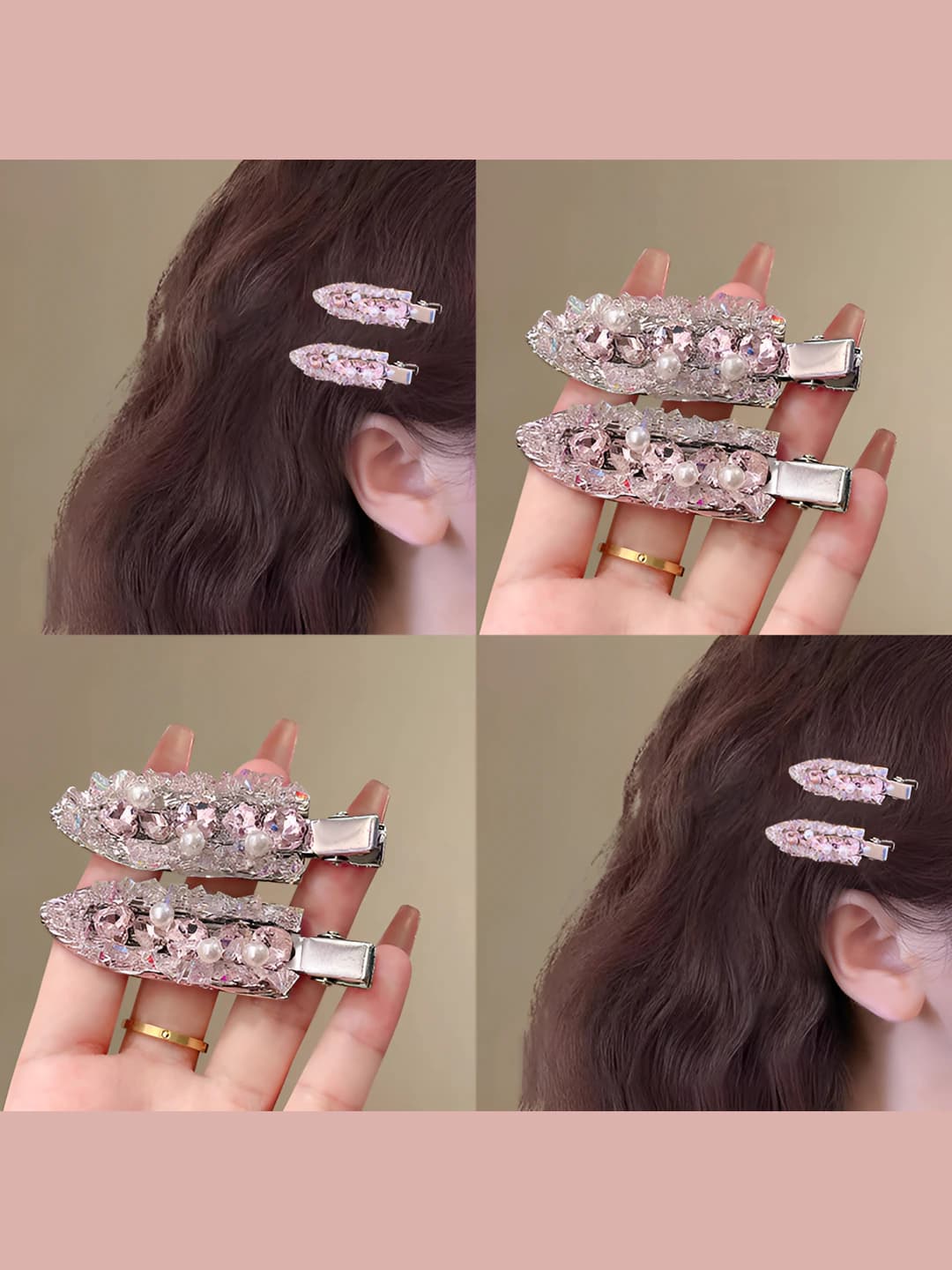 Women's seamless rhinestone hair clips in sweet and elegant style