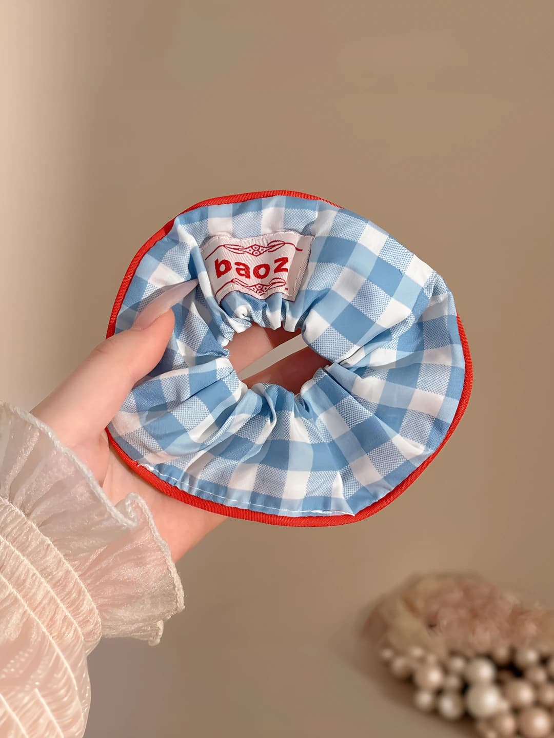 Blue plaid scrunchie ~14 cm