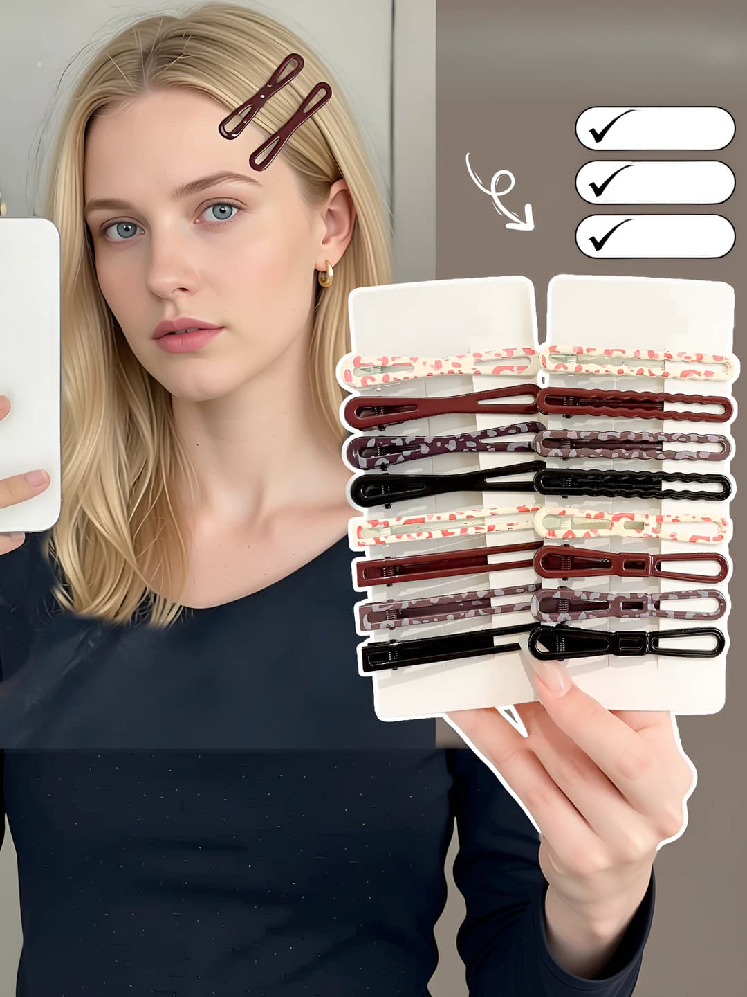 Seamless hair clips for women: 2026 new model, for side, for baby hairs and bangs, cartoon style, handmade, mixed material, straight bar shape