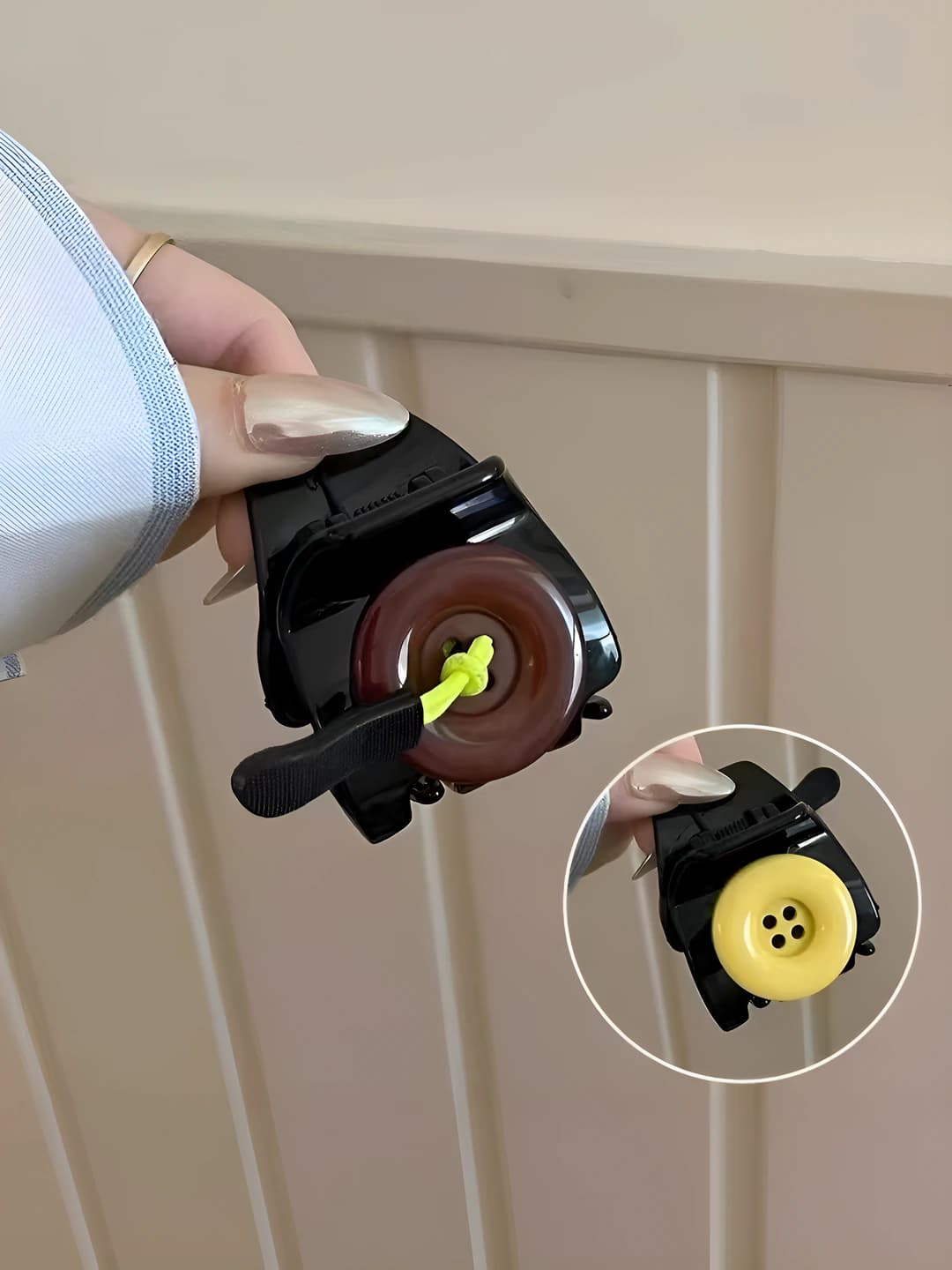 Dark coffee + yellow button