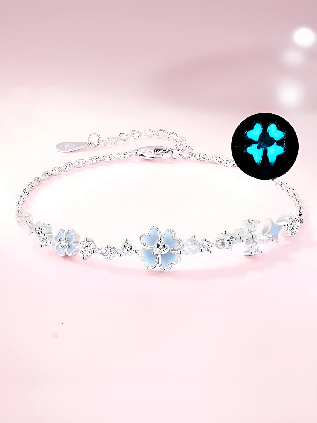 Women's bracelet with four-leaf clover and luminous enamel, design element camellia, OL style