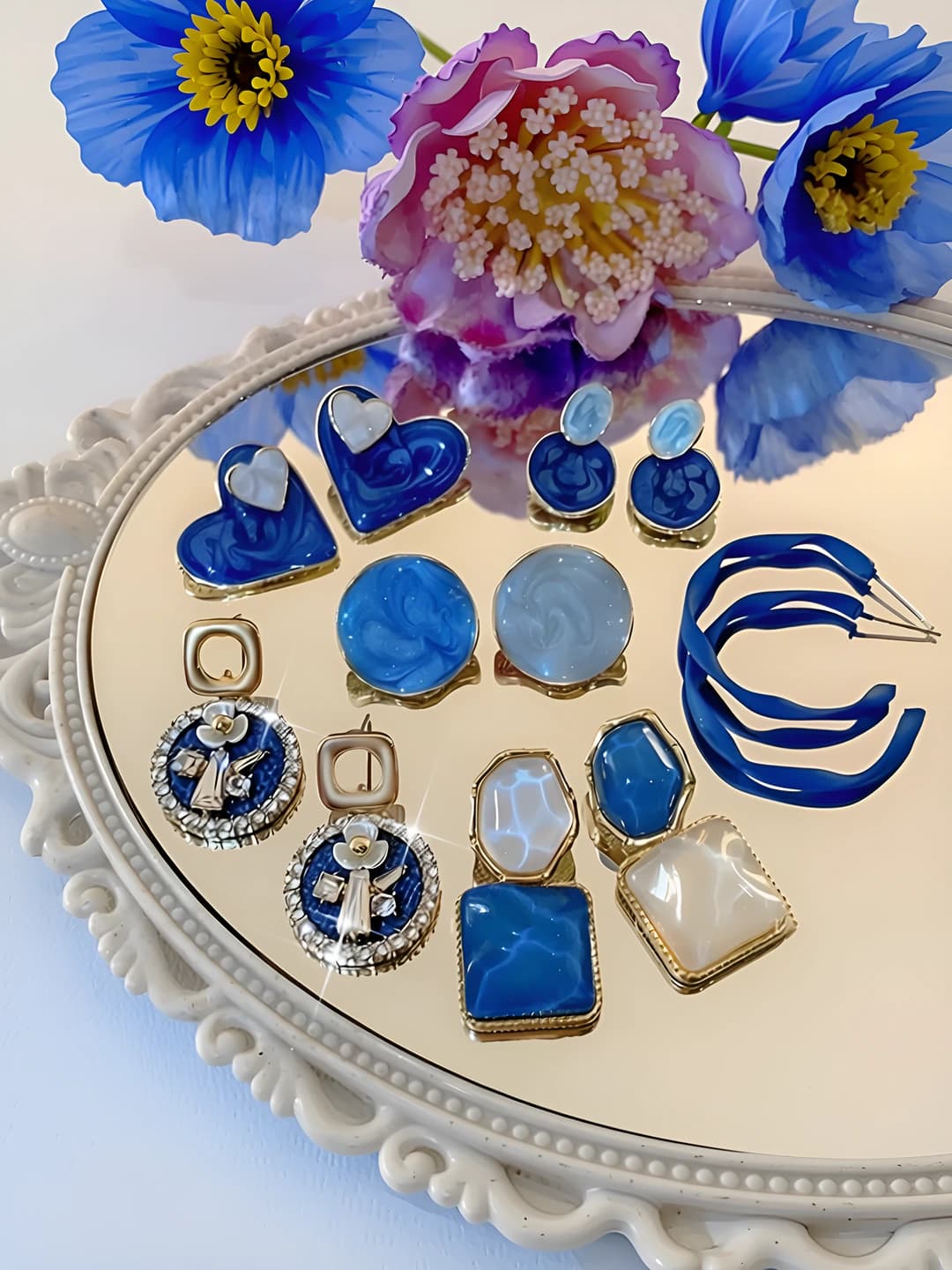 Women's summer blue flower-shaped earrings, irregular square studs, rhinestone set