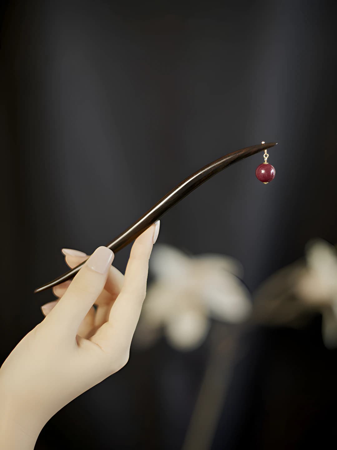 Women's wooden hairpin made of natural black ebony wood with red glass beads in antique style