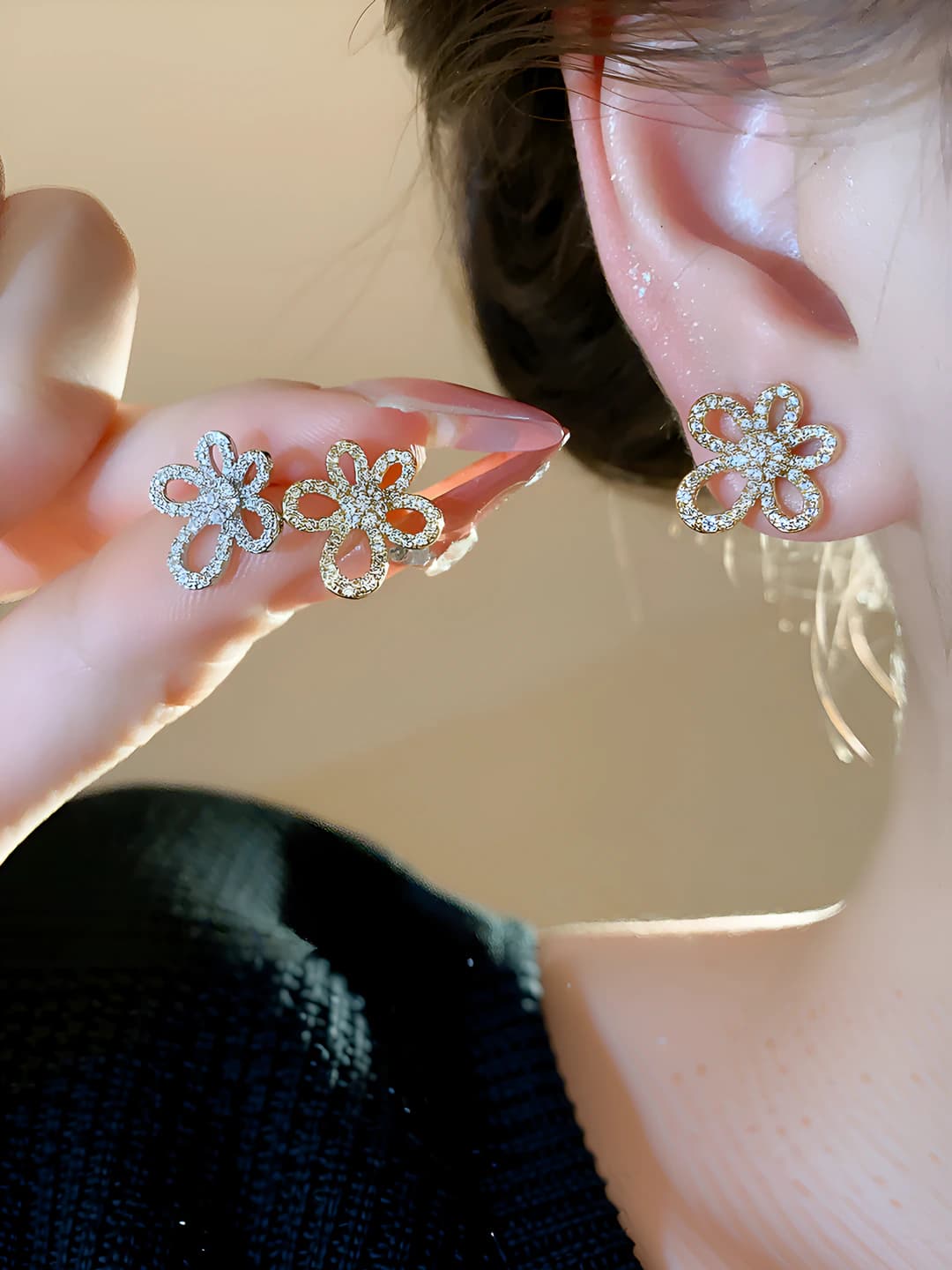 Women's flower stud earrings with zircon, 18k gold plating, Korean style, luxury style