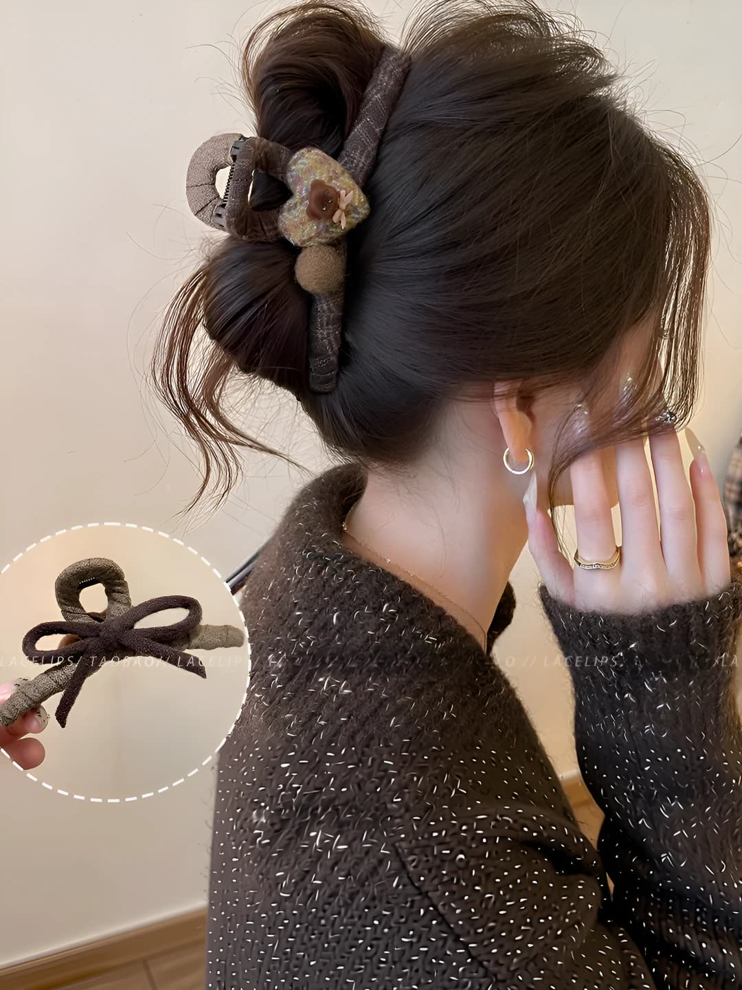 Brown - AB side bear plaid claw clip