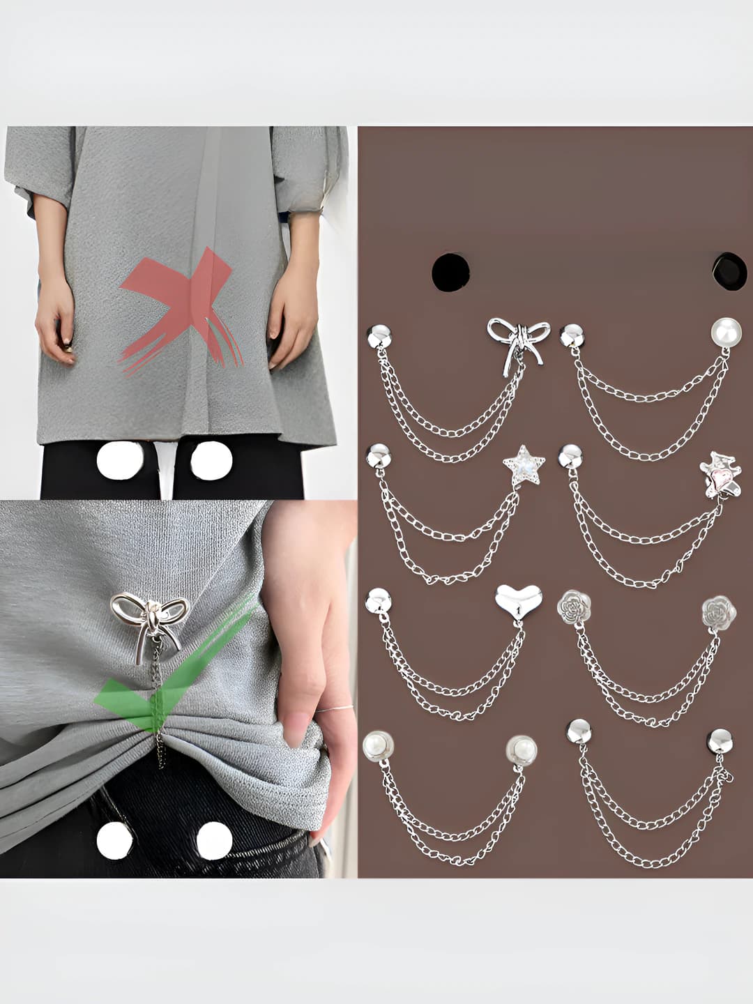 Magnetic chain brooch clip for women: invisible magnetic clip for shortening t-shirts, tying and securing hems