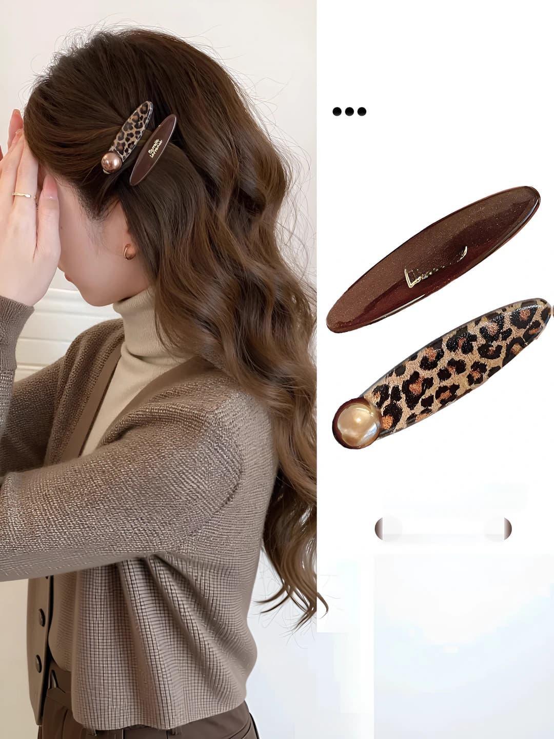Women's retro oval hair clip in coffee color with leopard print for side and bangs