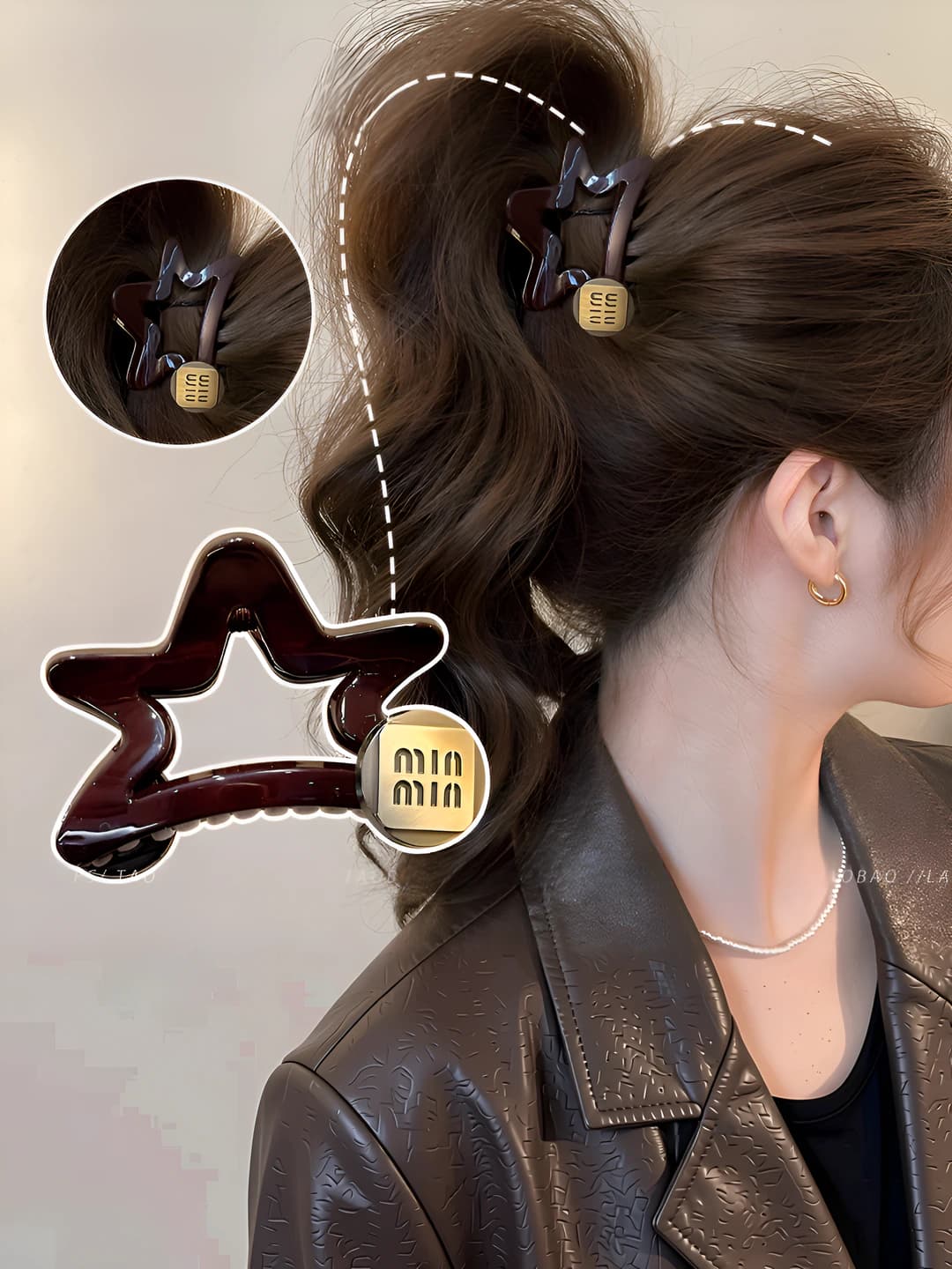Women's hair clips and combs: star-shaped hair claw clip with gold label, preppy style, 2026