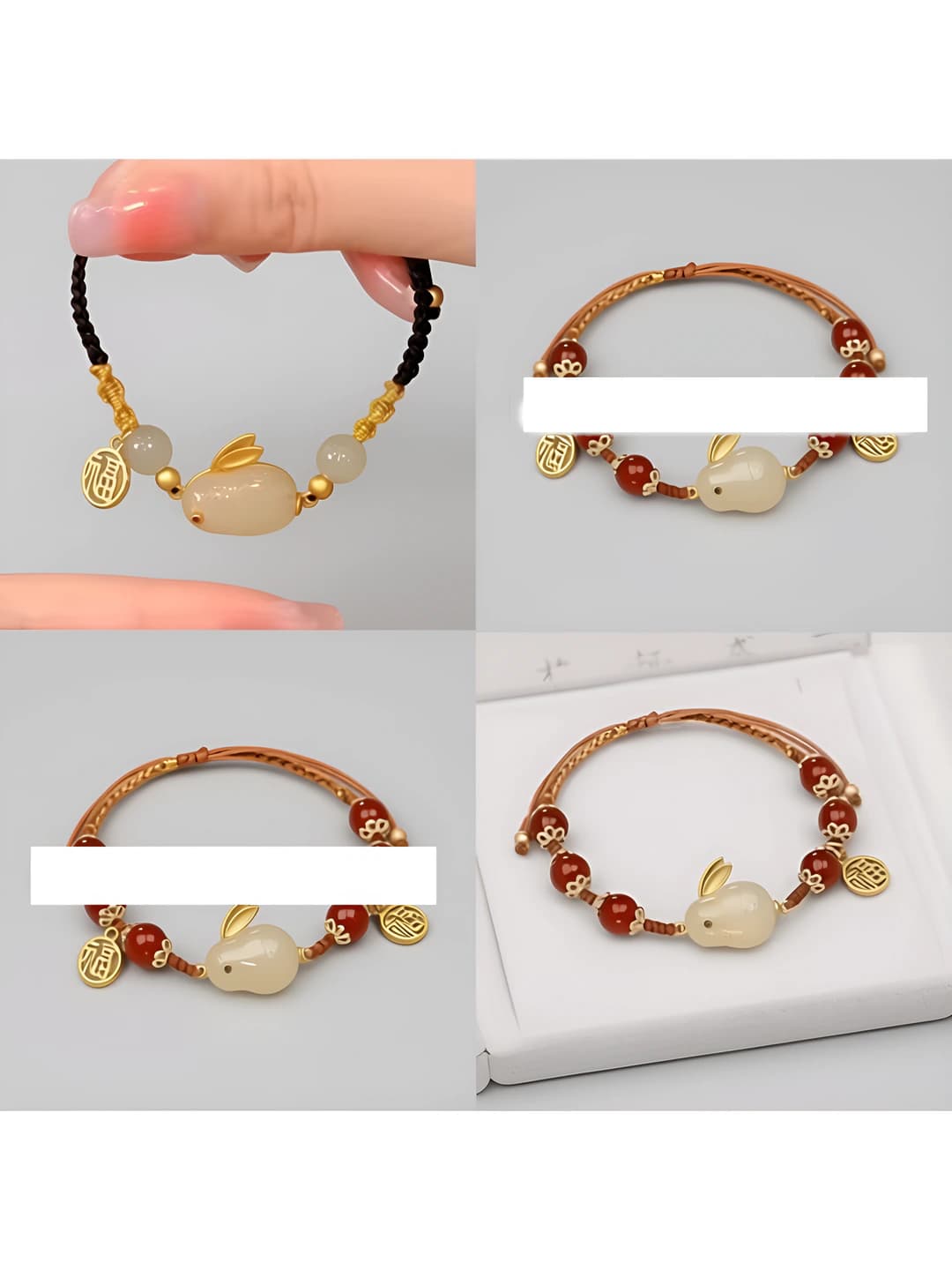 Women's beaded cord bracelet with jade rabbit charm, retro style, ethnic design element