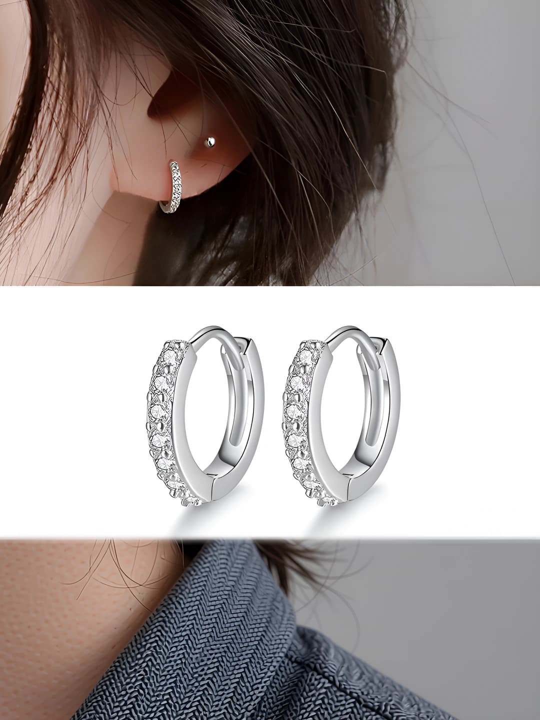 Women's rhinestone huggie hoop earrings, geometric shape, copper material with electroplating, row of rhinestones design element, Korean style, fresh and sweet style category, high-end, versatile