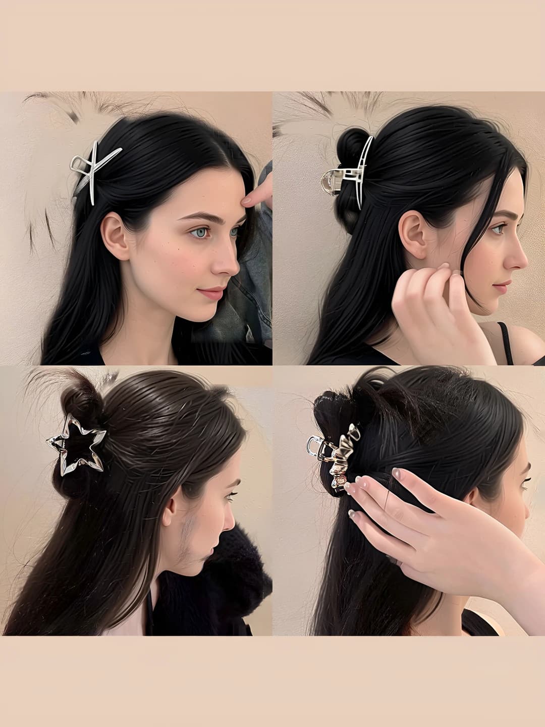Women's silver pleated metal hair clips and combs with five-pointed star design element, little shen style, large size, handmade