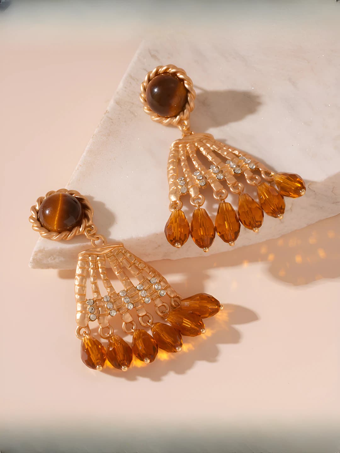 Women's retro style dangle fringe earrings, gold tone, with diamonds and crystals, tassels, 925 silver