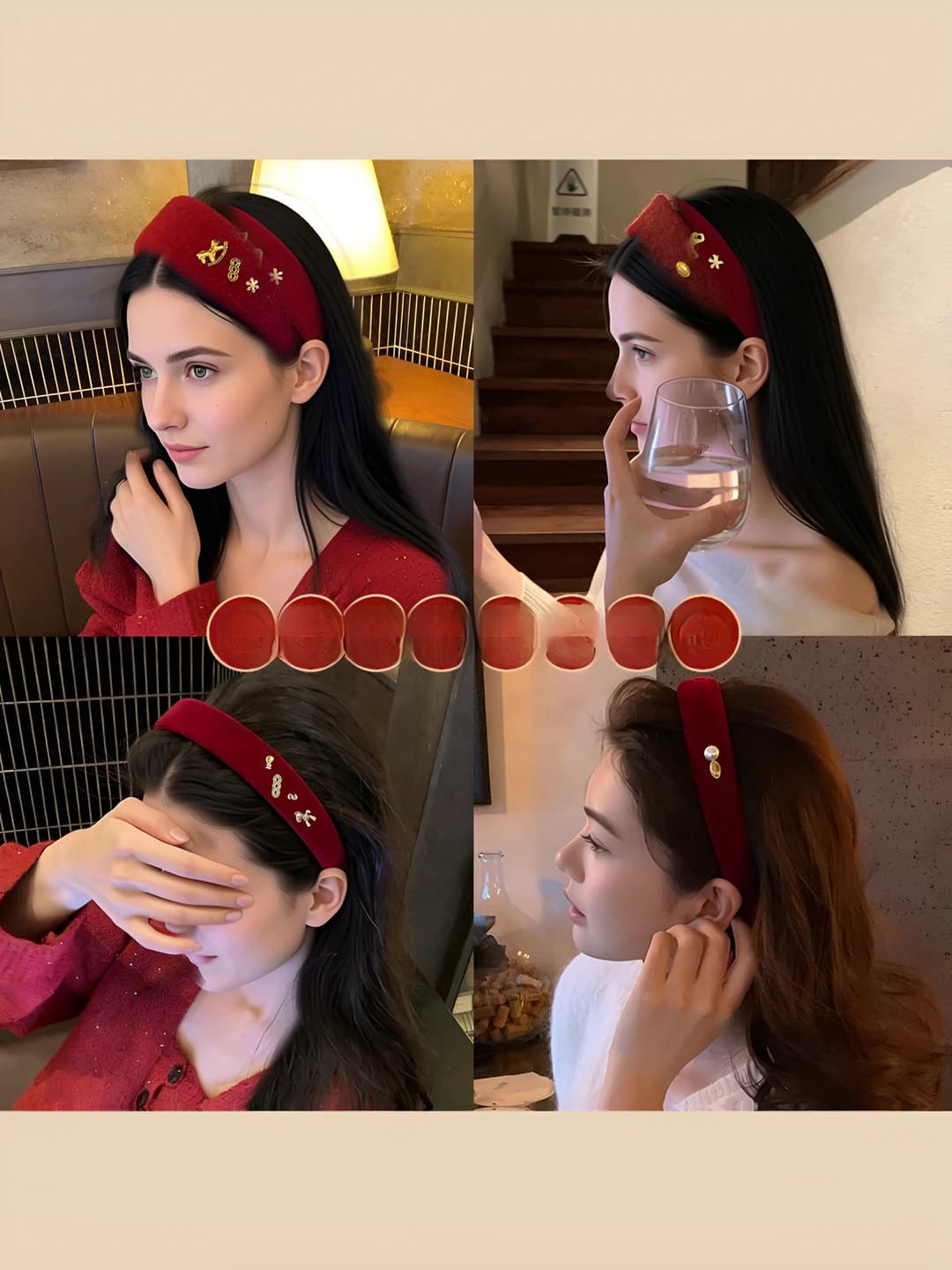 Wide velvet headband for women, red, for New Year, premium style, horse design element, for high skull