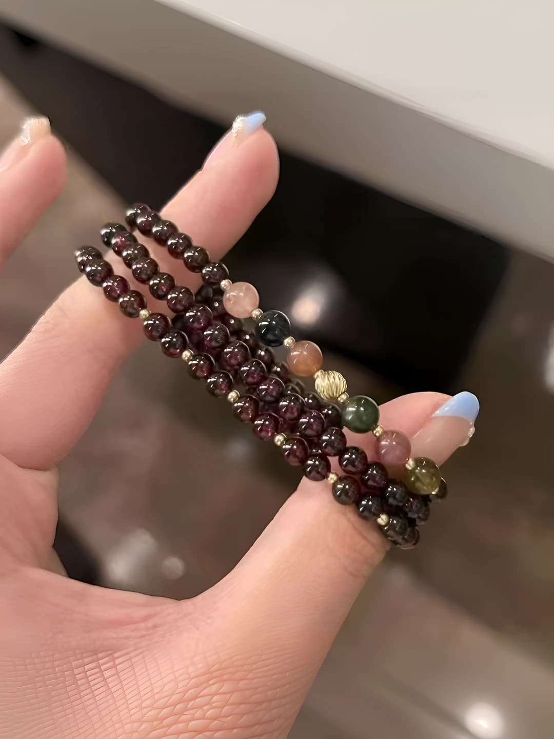Women's natural style glass and lyubri multi-strand beaded bracelet, handmade, for couples