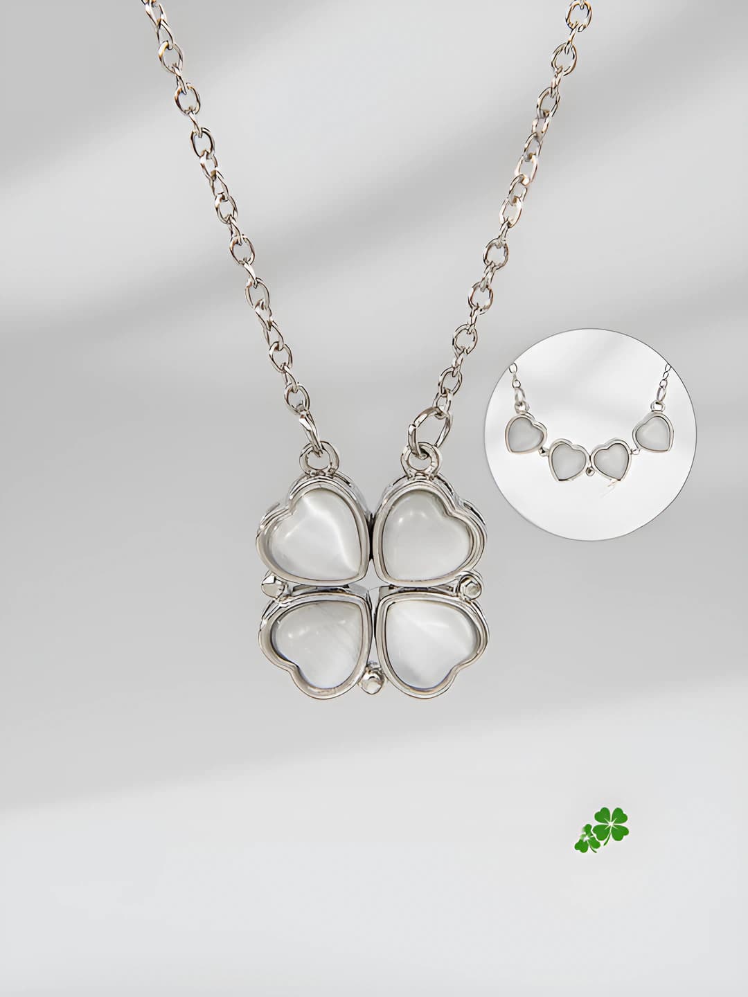 Magnetic white four-leaf clover necklace