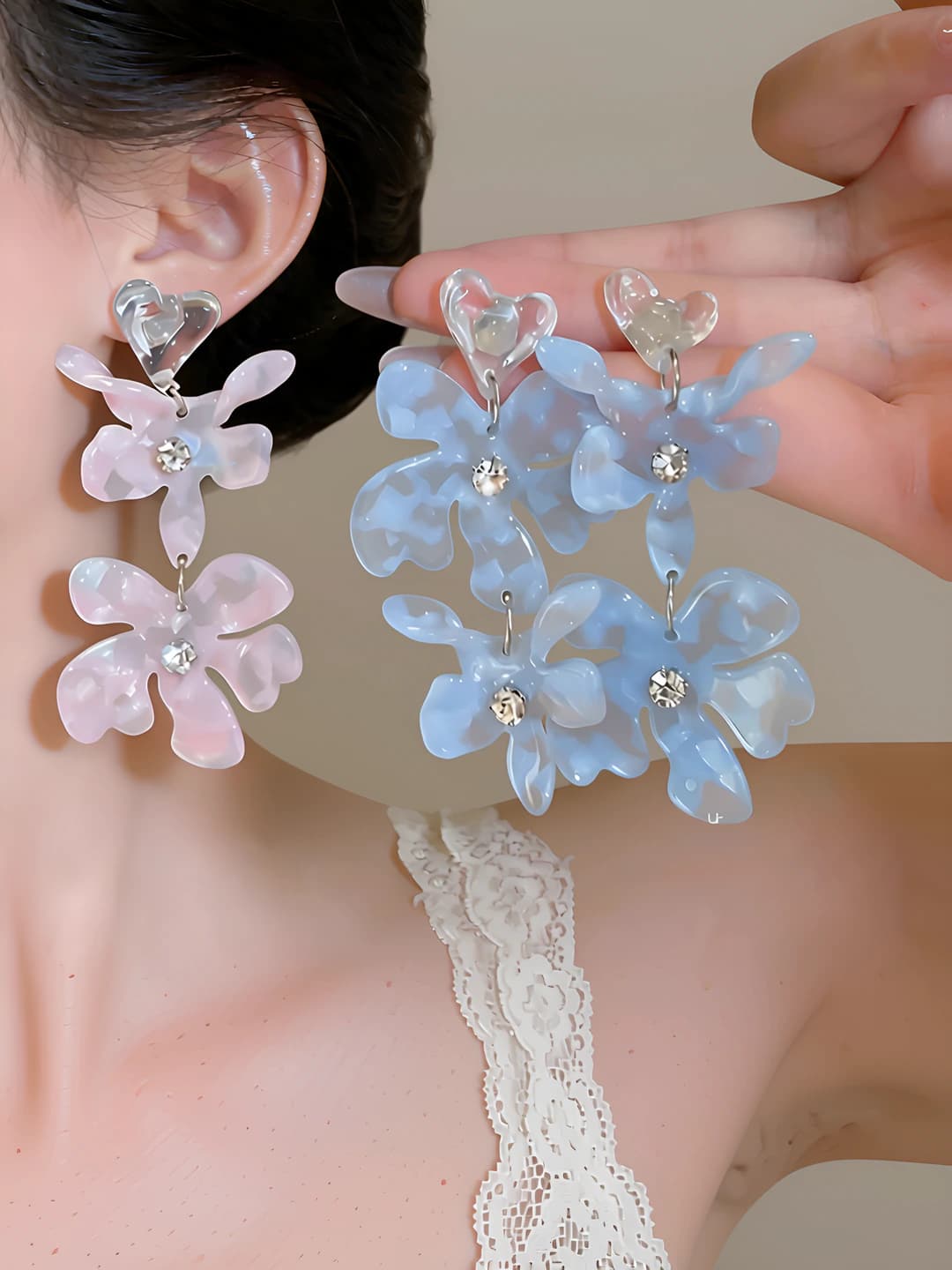 Women's flower drop earrings with crystal inlay, steel post, plastic material, summer, fresh and sweet style