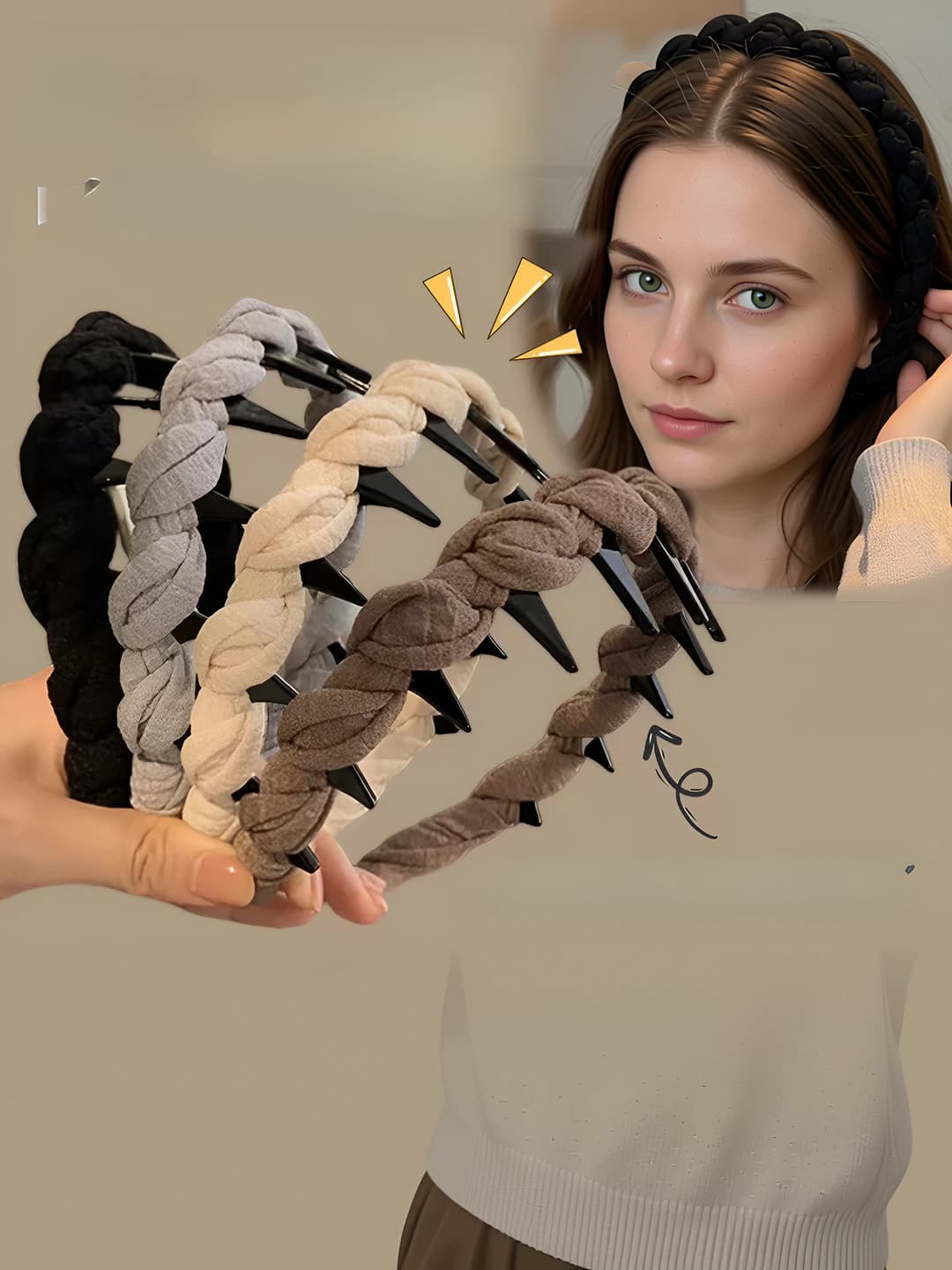 Women's braided fabric headband with non-slip teeth, wavy, sweet style for early spring, reversible