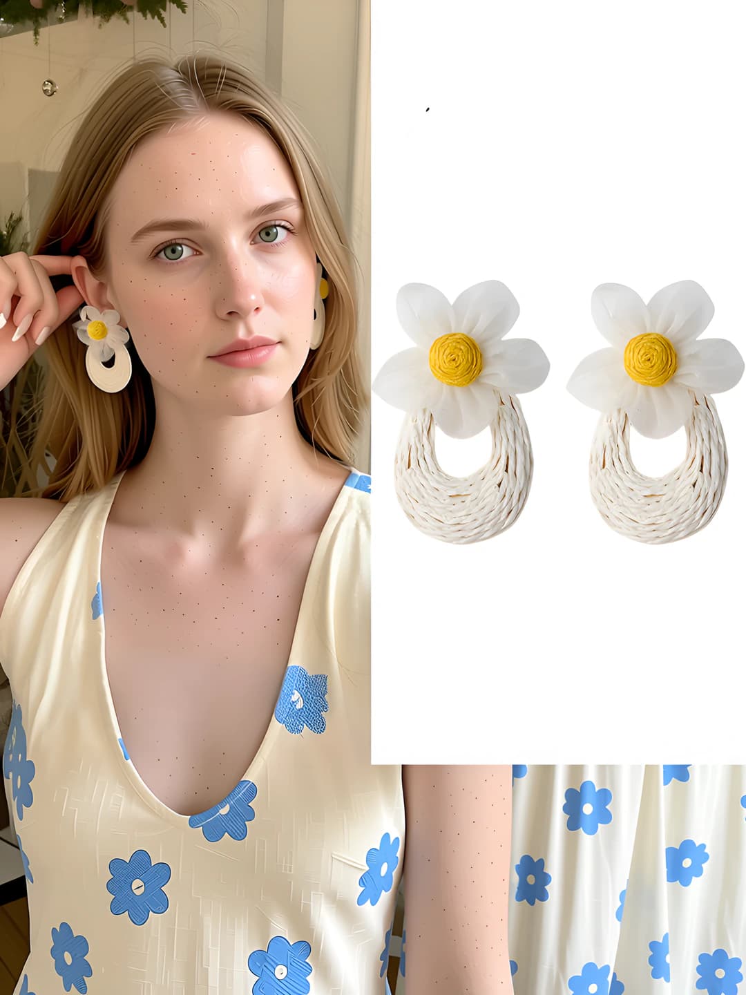 White straw floral clip-on
