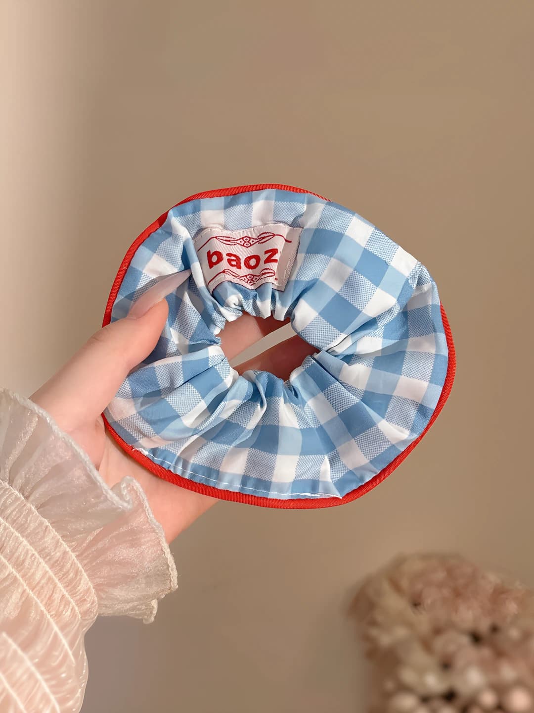 Blue plaid scrunchie ~14 cm