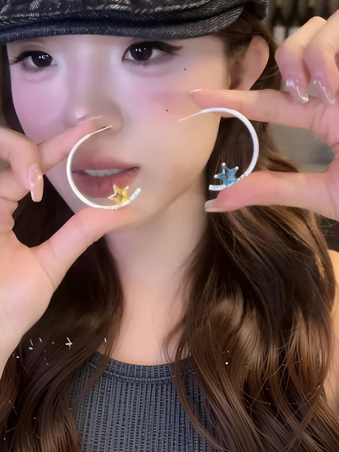 Yellow-blue star zircon C-shape earrings