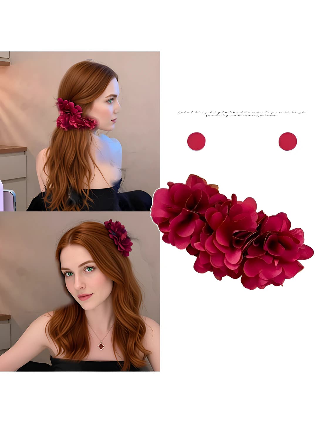 Women's large red rose floral banana clip for ponytail