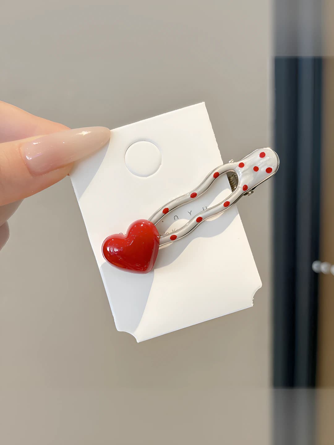1# Red heart polka dot wave clip - 6.5 cm