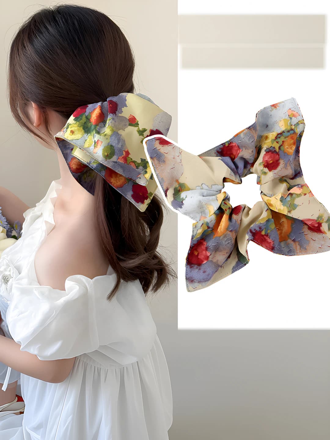Women's stretch fabric hair tie in Korean style with floral design, high elasticity
