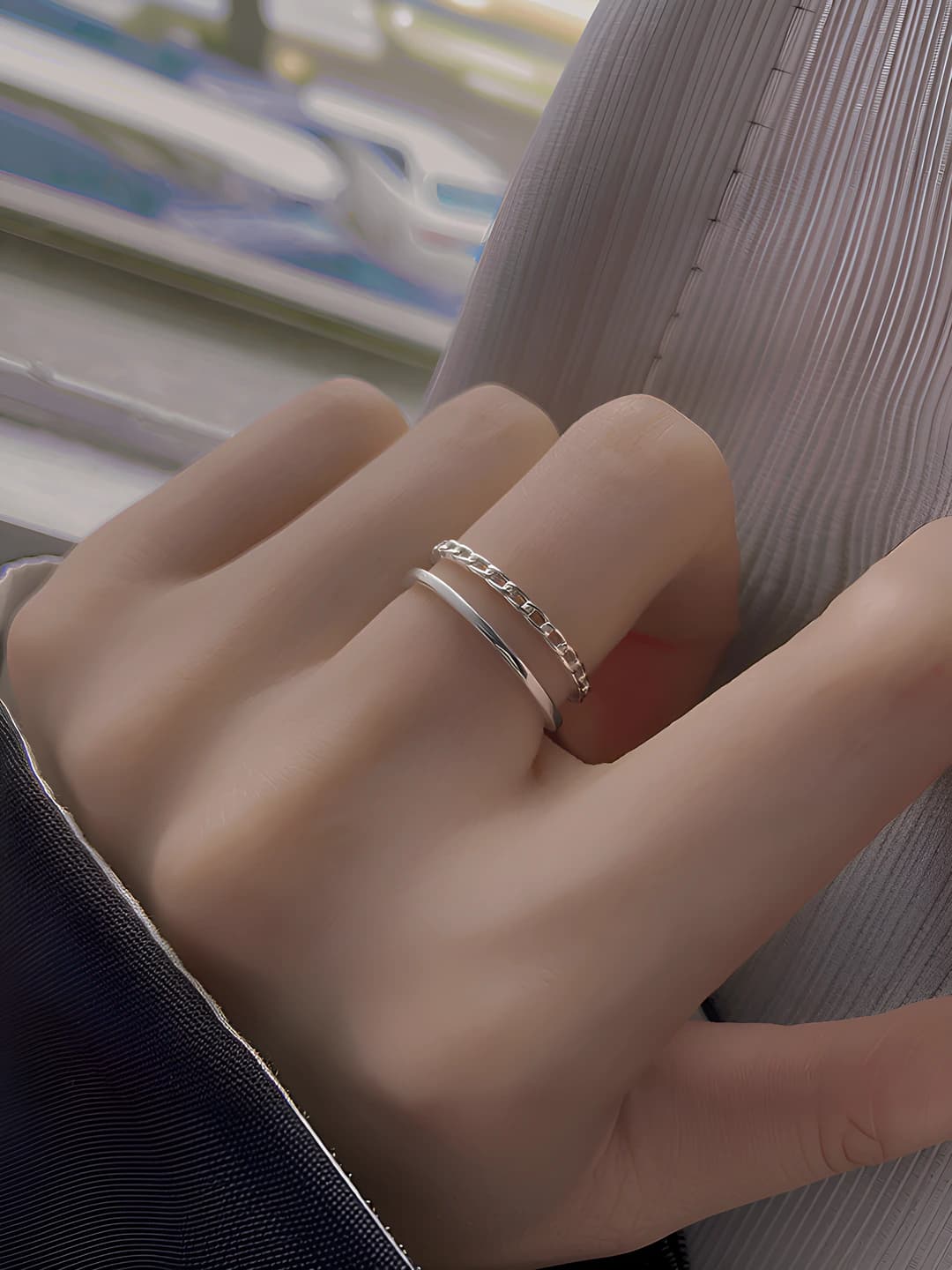 Women's Korean style double-layer geometric ring, with zircon, hollow chain, simple design