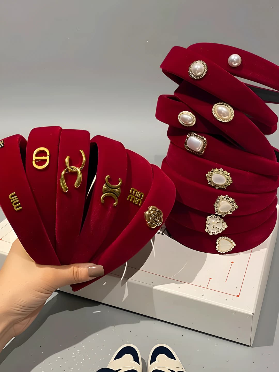 Women's velvet headband, retro, red, autumn-winter, Korean style, wide band, asymmetric design element