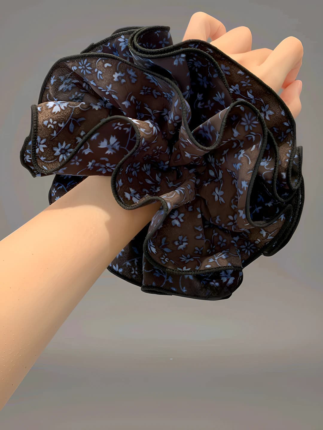 3# Brown retro navy floral 4-layer large hair tie ~16 cm