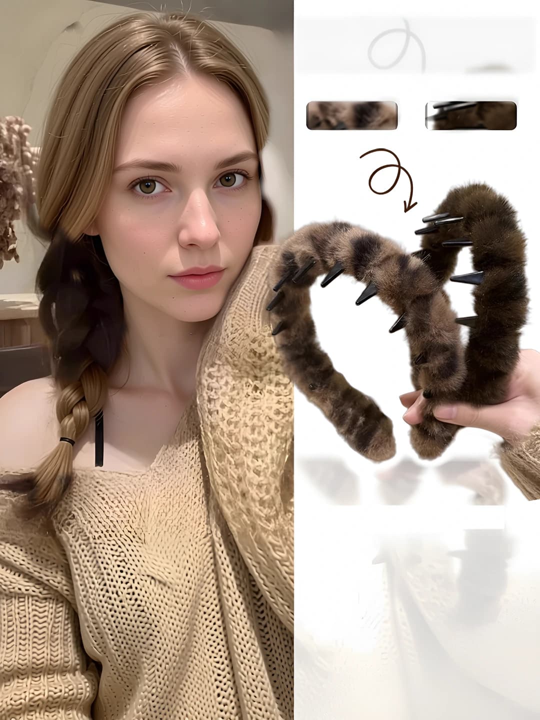 Women's autumn-winter plush leopard-print headband, Korean style, with teeth, high forehead