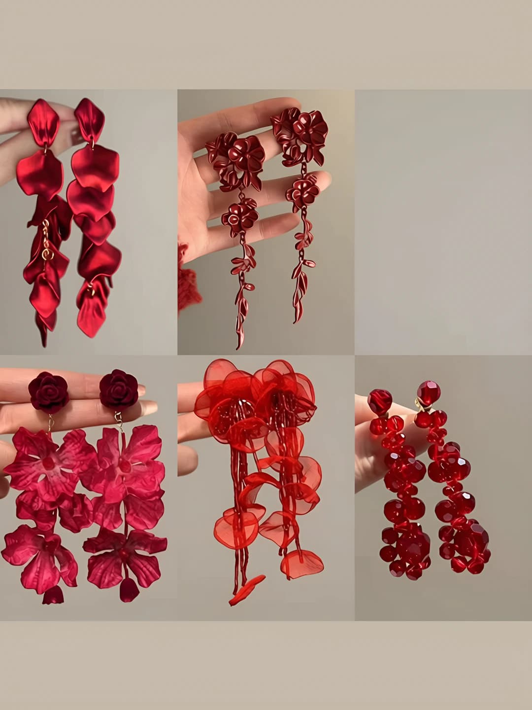 Women's retro style earrings, angora red color, floral design with tassels, light luxury feel