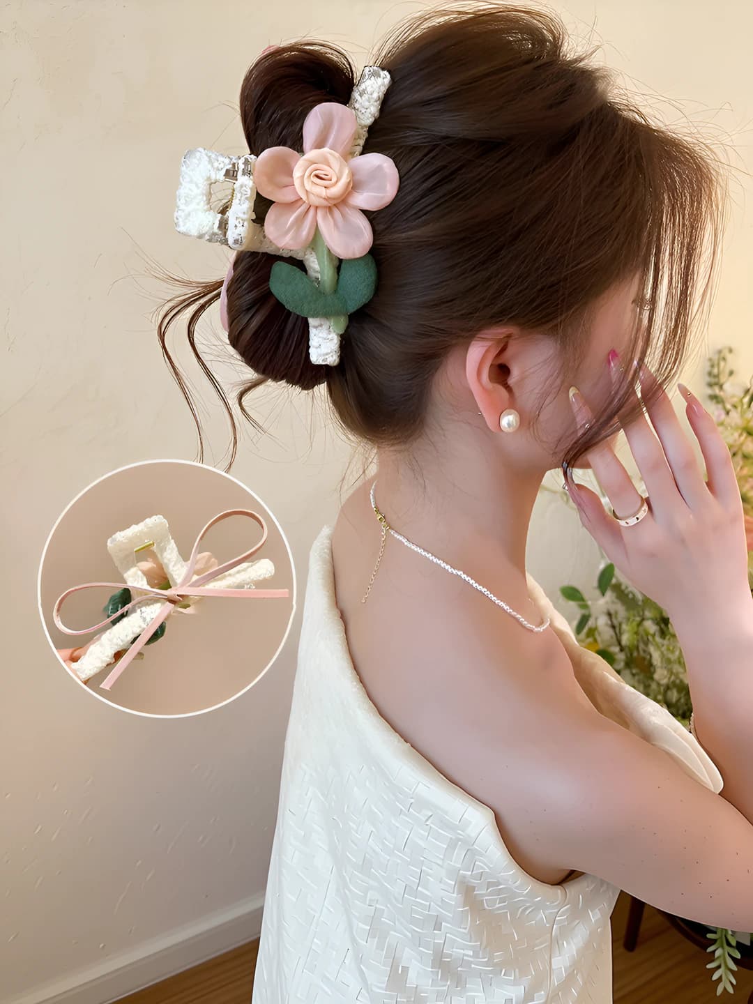 Pink small flower bow lace clip 13 cm