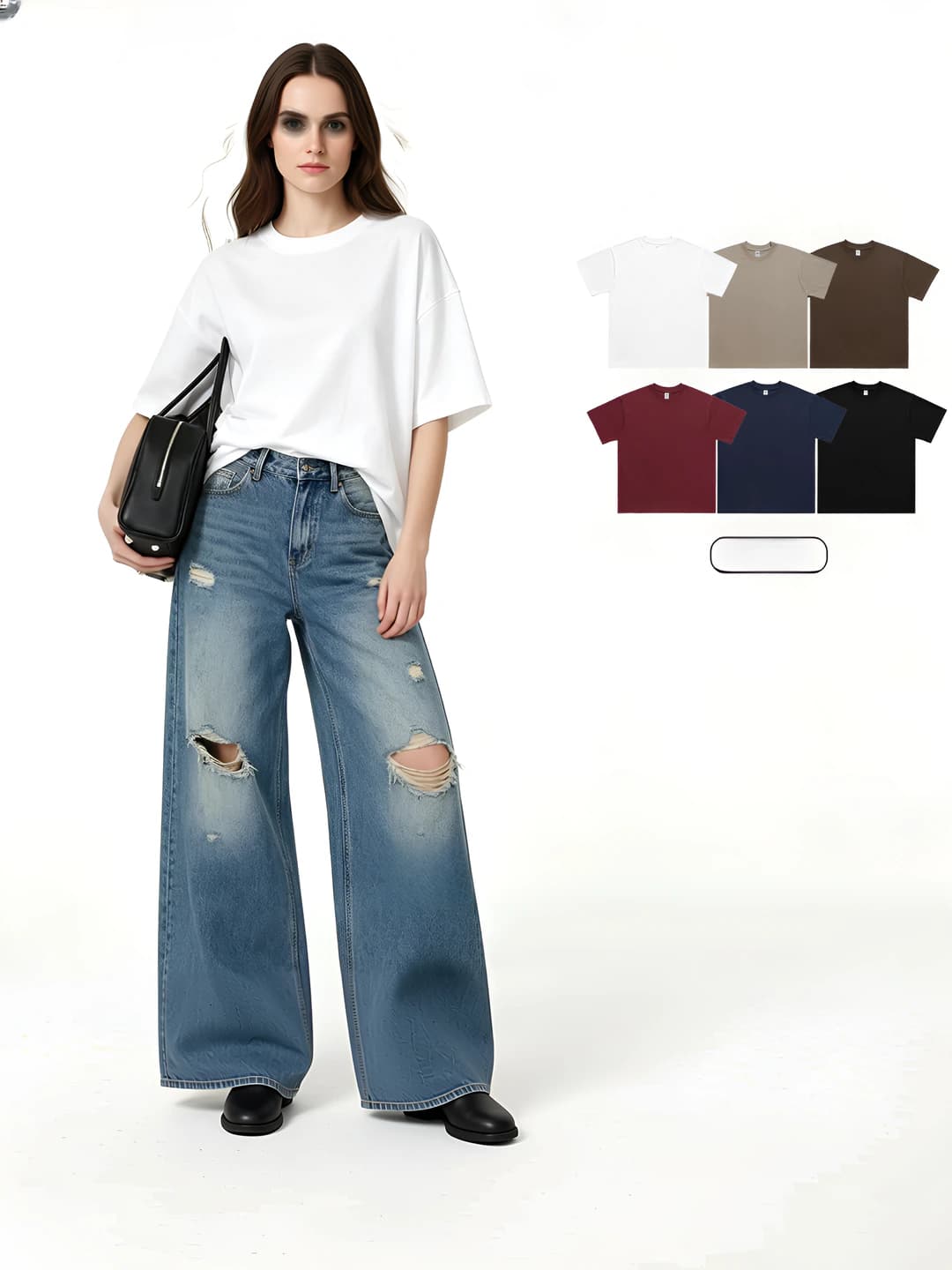 Women's 400g heavy long-staple cotton t-shirt, summer crew neck, short sleeve, loose fit, solid colour, casual style