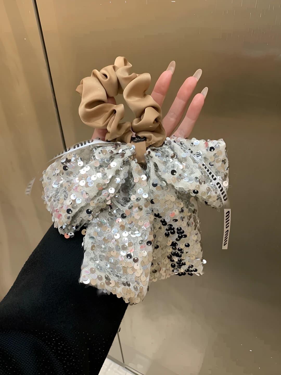 Sequined ribbon, khaki hair tie