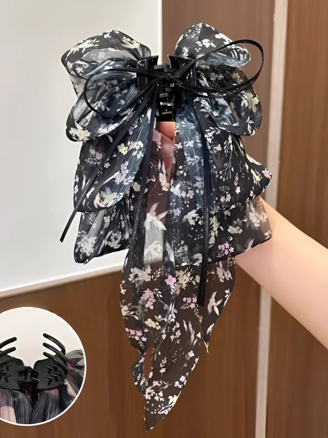 Black floral bow pony clip - bow 18.5 cm, ribbon 20 cm