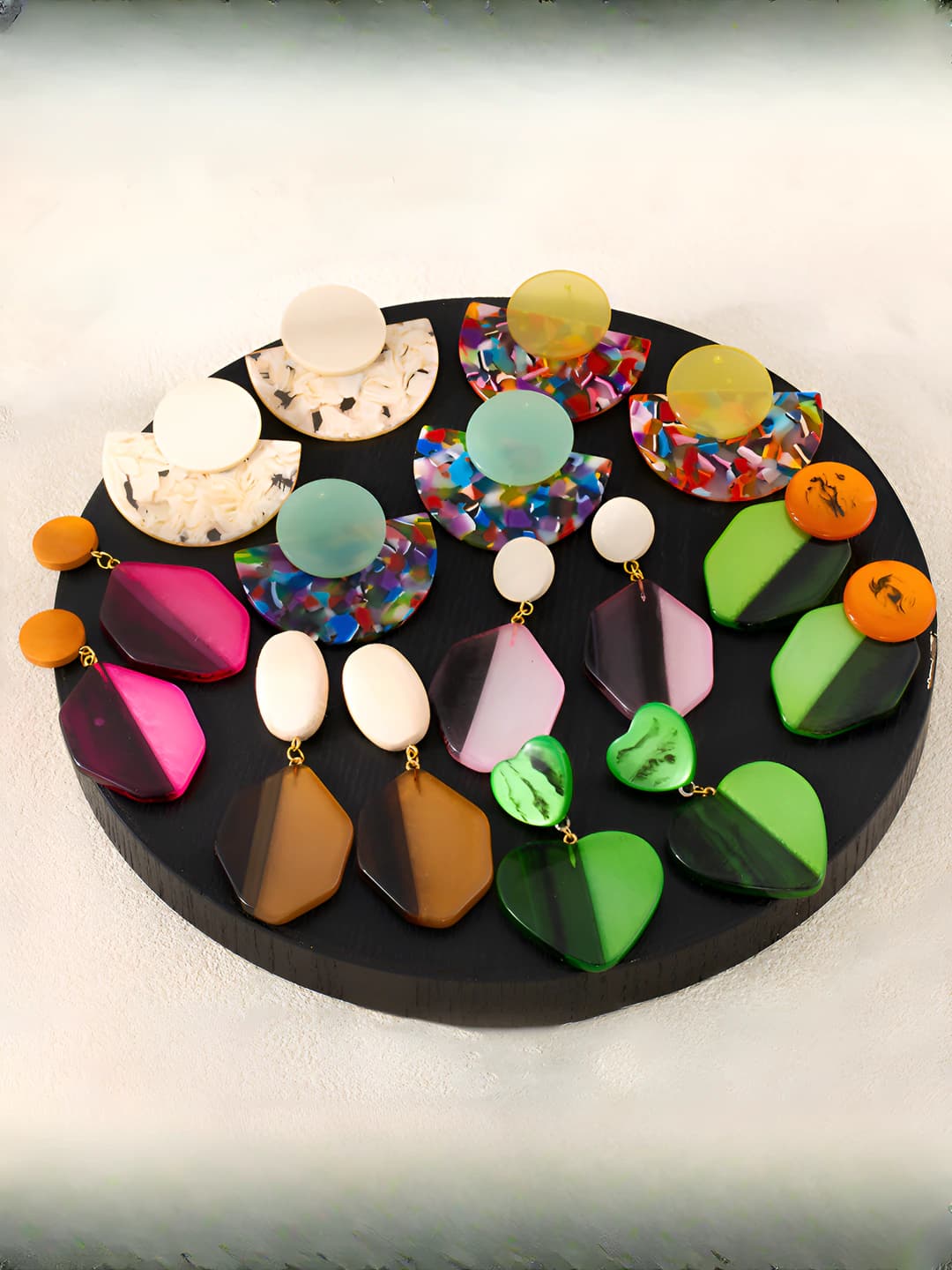Women's retro style geometric accent acrylic earrings, colorful, handmade, with steel post