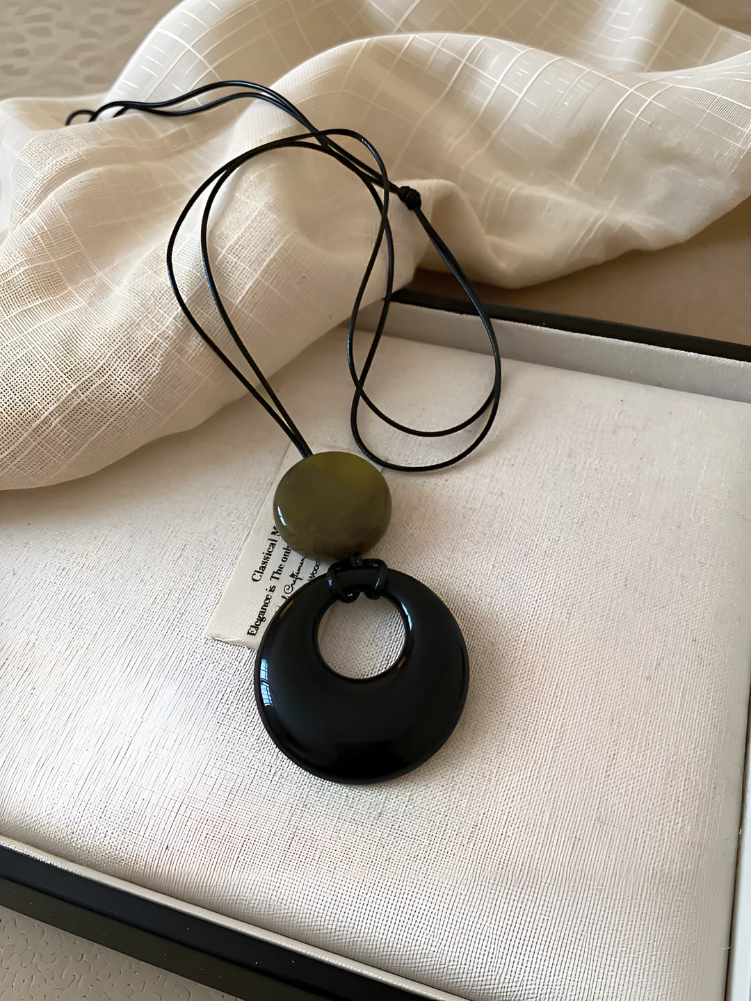 5# Necklace-Black-Green-Leather cord-Flat oval