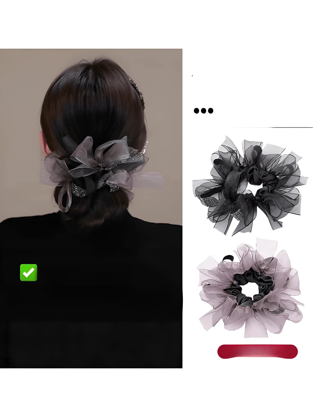 Women's Korean style hair scrunchie tie with shiny ribbon, large size