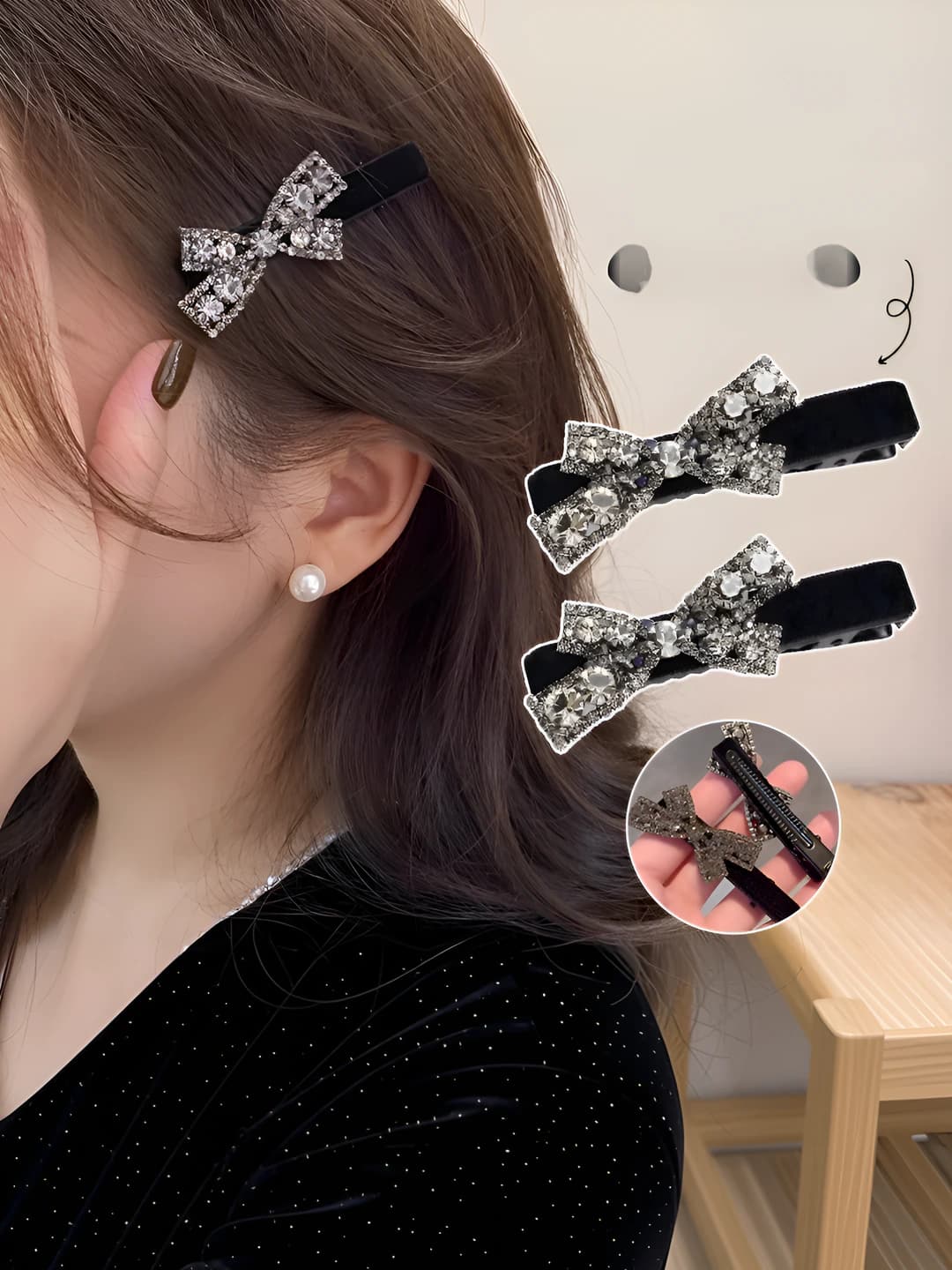 Women's black acrylic hair clip with shiny rhinestones, velvet, side clip