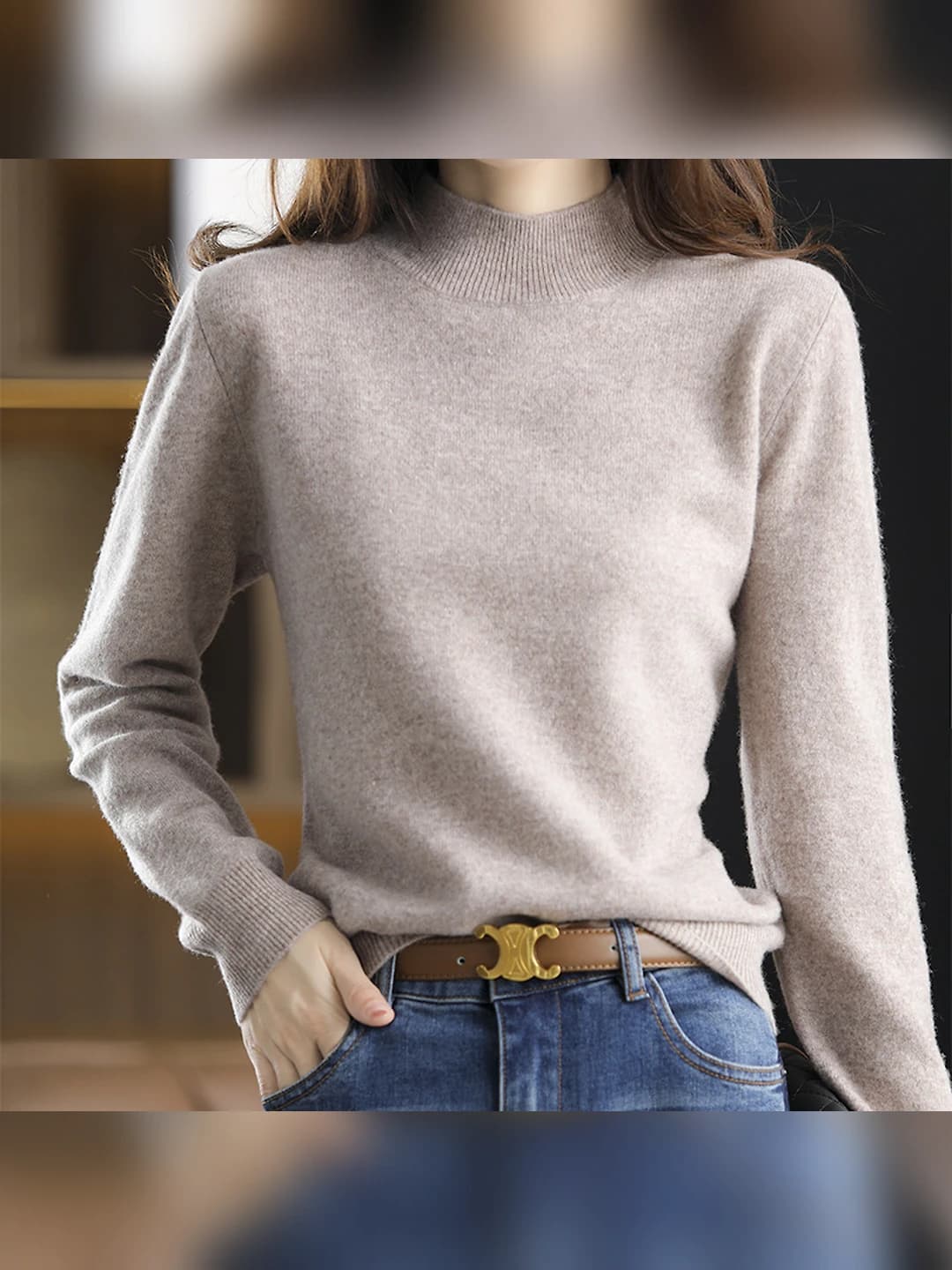 Women's pullover sweater, nylon and viscose, solid colour, mock neck, long sleeve, loose fit, thick