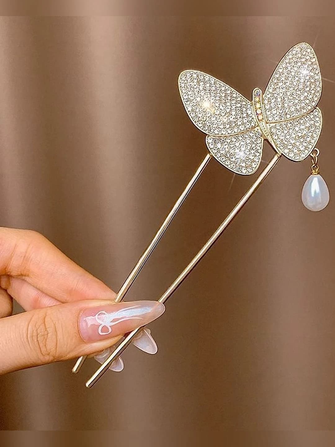 Gold rhinestone U-shaped butterfly pin 14 cm