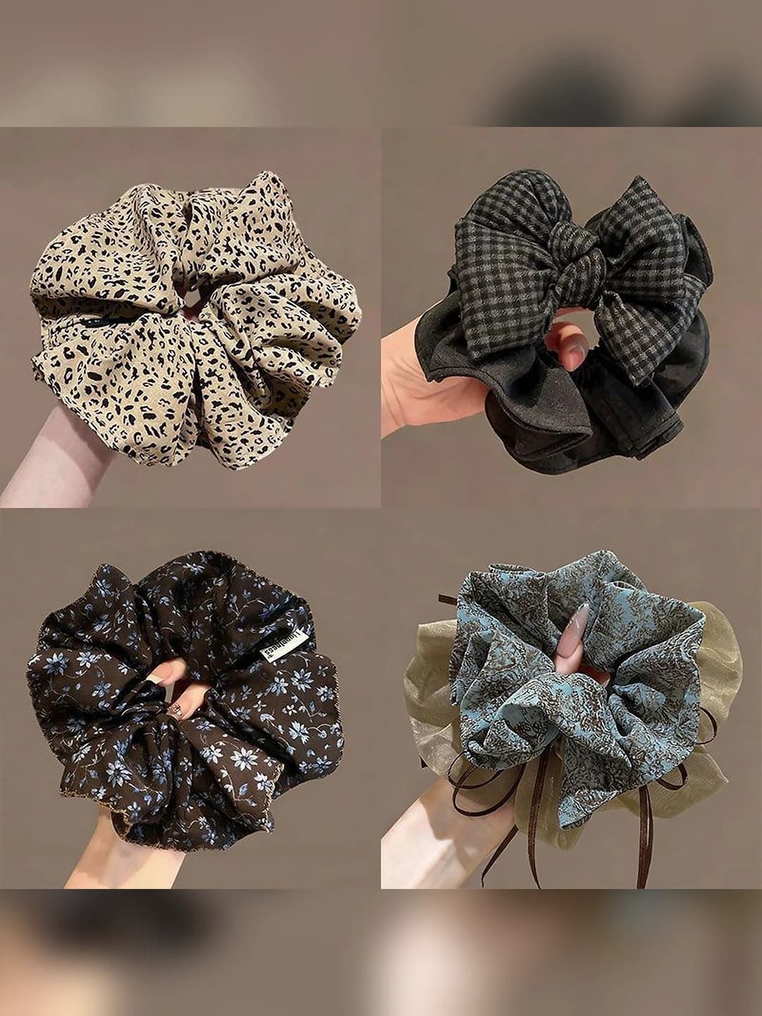Women's stretchy coffee-colored bow scrunchies, handmade, old money style